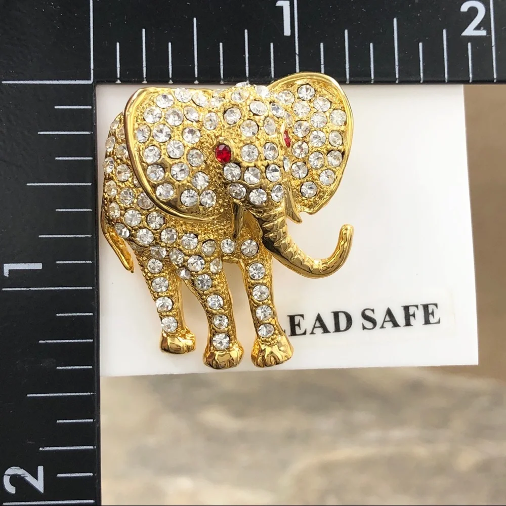 Gold Elephant Red Eyes Rhinestone Lapel Pin Brooch
